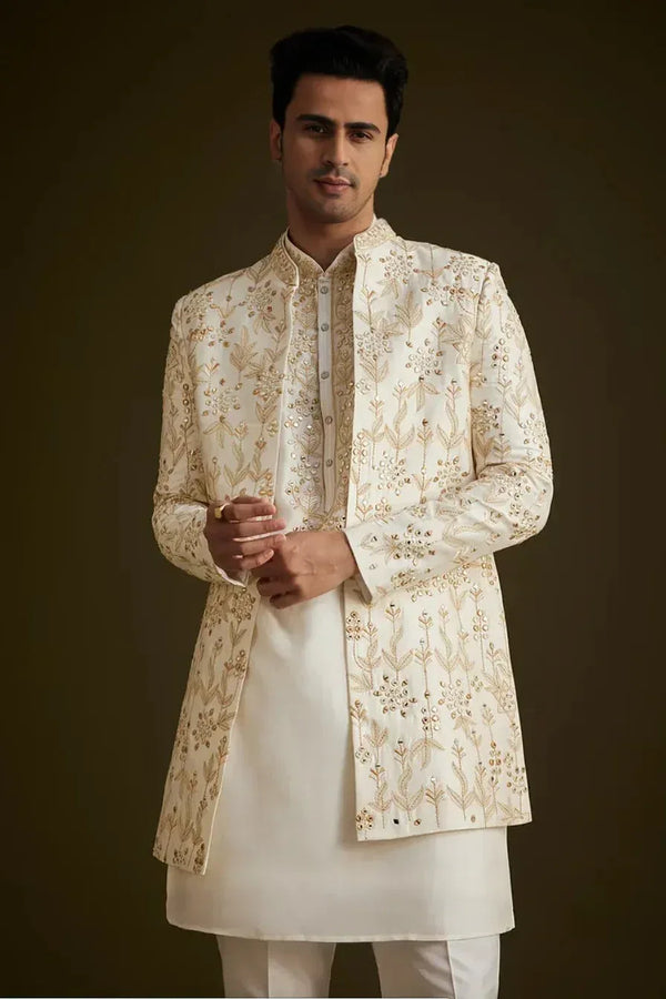 Cream Classic Embroidered Sherwani Set - MyEthnikRentals