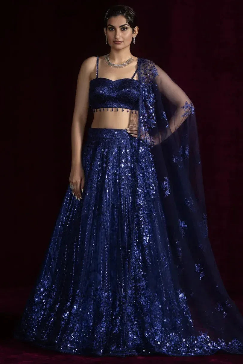 Midnight Navy Net Lehenga - MyEthnikRentals