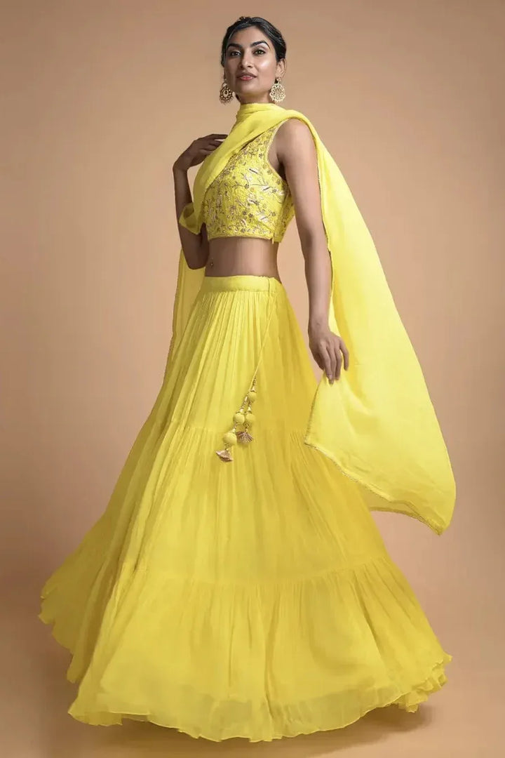 Lemon Yellow Tiered Lehenga (Outside Ontario) - MyEthnikRentals