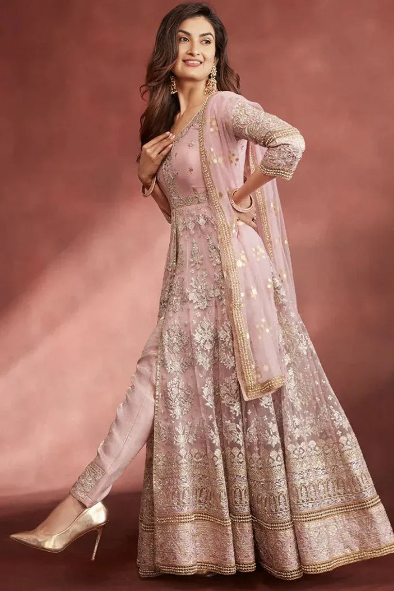 Rose Pink Embroidered Pant Style Anarkali - MyEthnikRentals