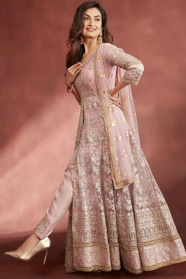 Rose Pink Embroidered Pant Style Anarkali - MyEthnikRentals