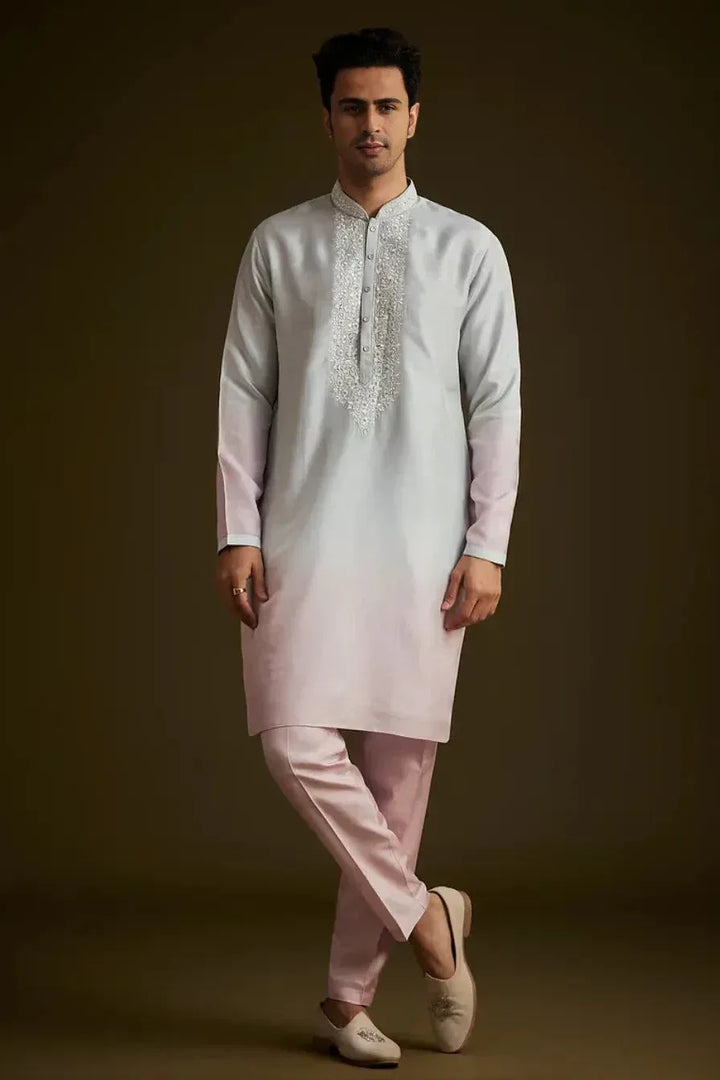 Pink and Grey Ombre Textured Sherwani Set (Outside Ontario) - MyEthnikRentals