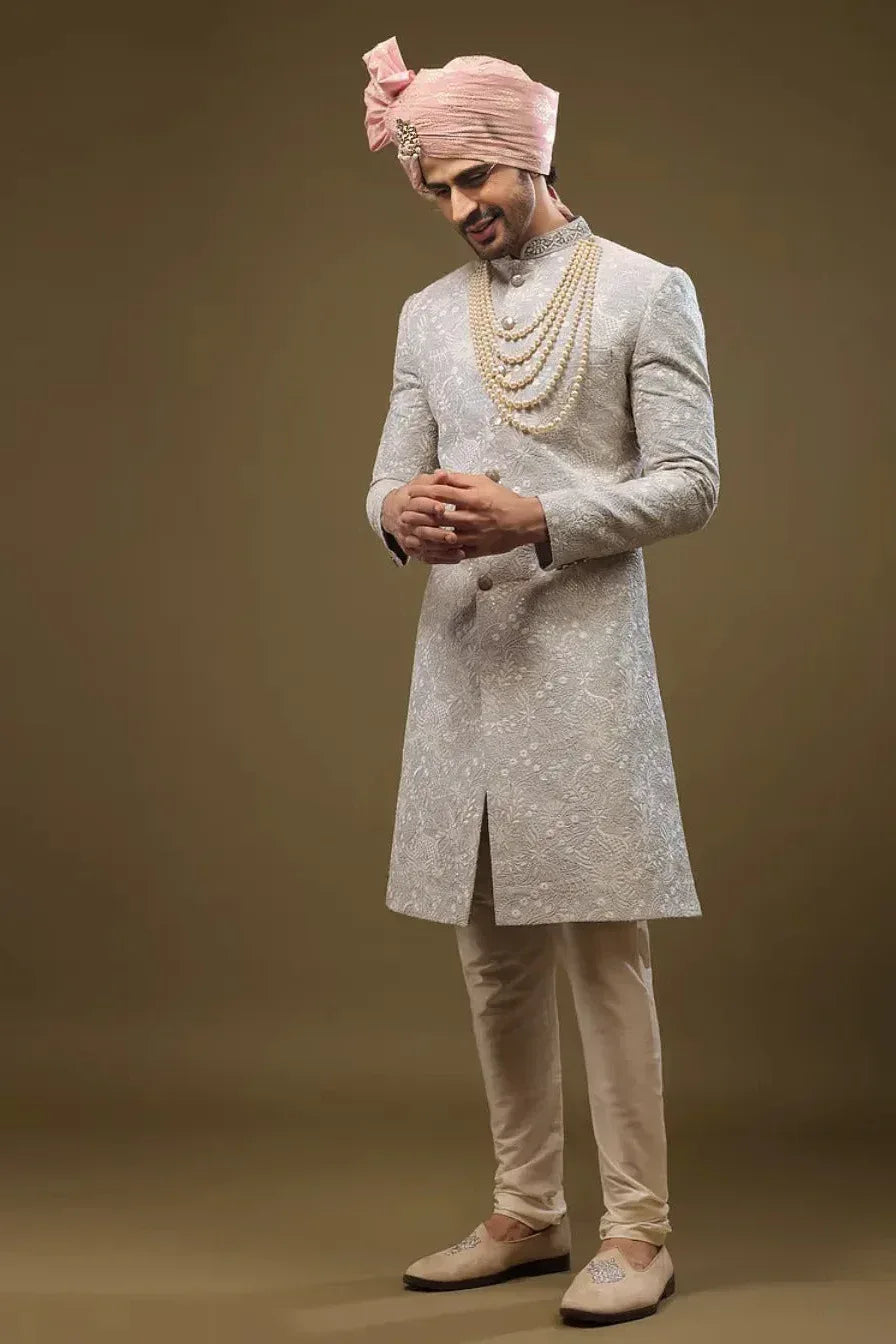 Baby Blue Silk Sherwani with Zari and Sequin Embroidery (Outside Ontario) - MyEthnikRentals