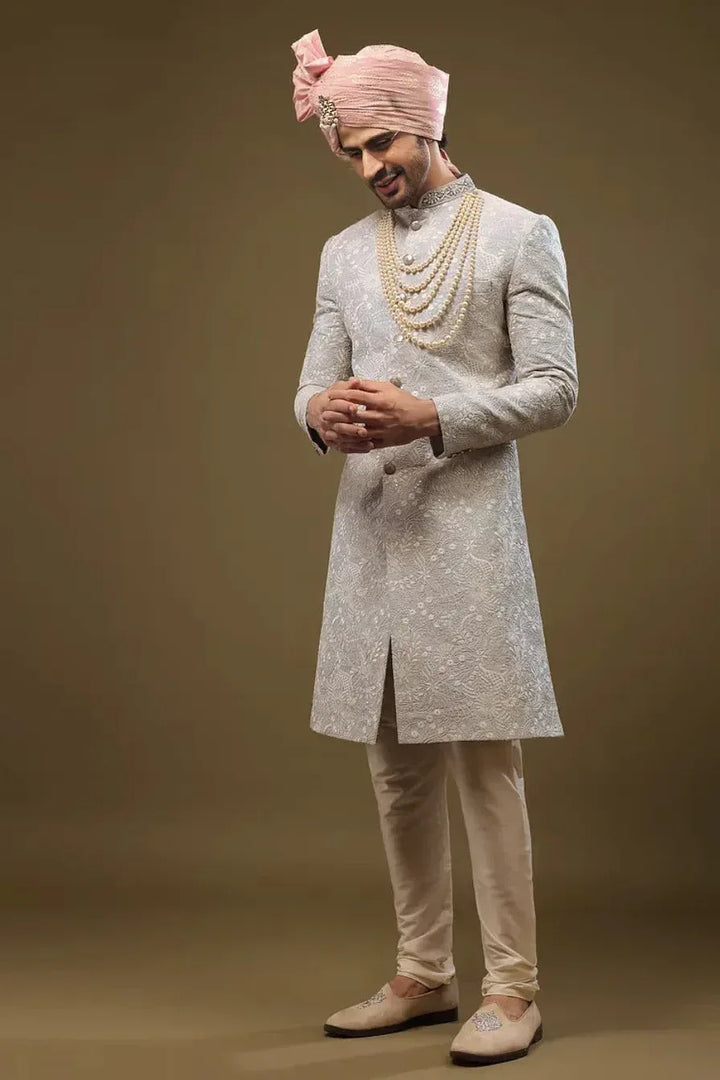 Baby Blue Silk Sherwani with Zari and Sequin Embroidery (Outside Ontario) - MyEthnikRentals