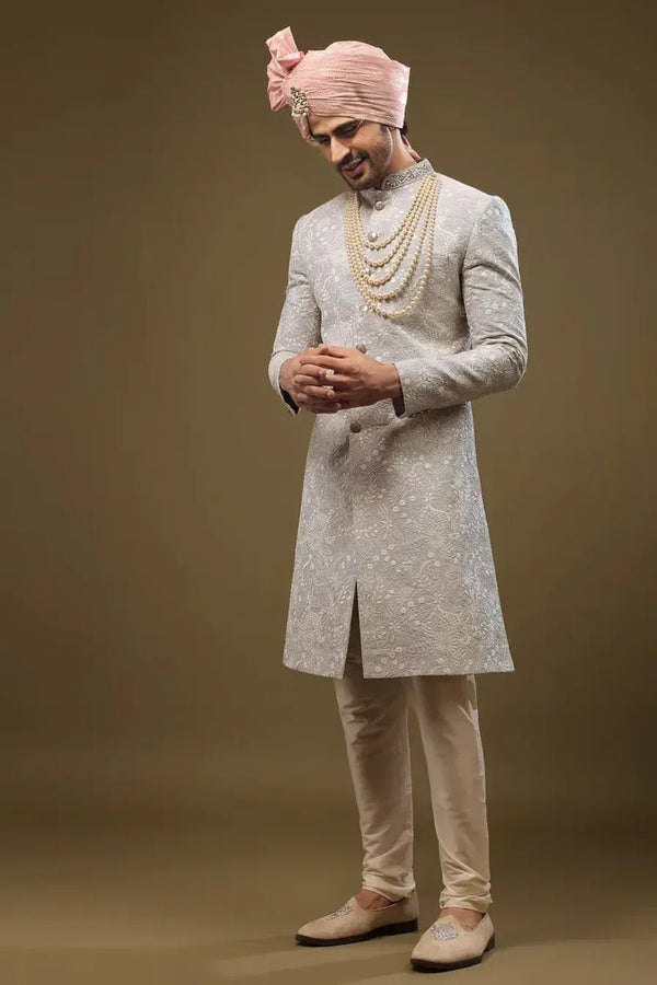 Baby Blue Silk Sherwani with Zari and Sequin Embroidery (Outside Ontario) - MyEthnikRentals