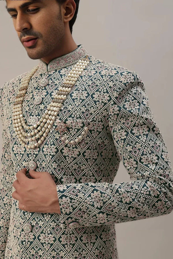 Teal Green Embroidered Sherwani with Layered Mala - MyEthnikRentals