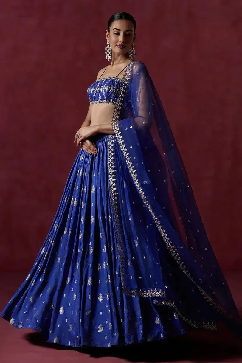 Imperial Blue Brocade Lehenga - MyEthnikRentals