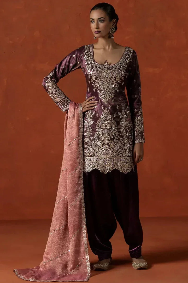 Deep Wine Embroidered Satin Punjabi Suit (Outside Ontario) - MyEthnikRentals
