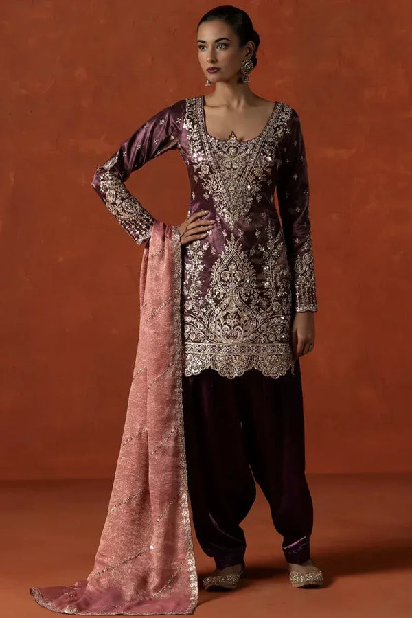 Deep Wine Embroidered Satin Punjabi Suit - MyEthnikRentals