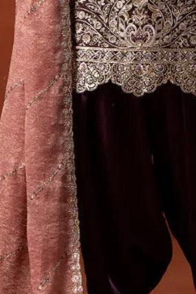 Deep Wine Embroidered Satin Punjabi Suit (Outside Ontario) - MyEthnikRentals