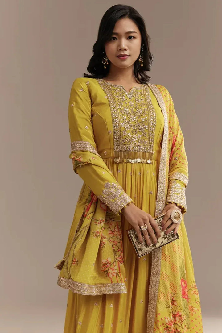 Mustard Zardosi Chiffon Salwar Kameez (Outside Ontario) - MyEthnikRentals