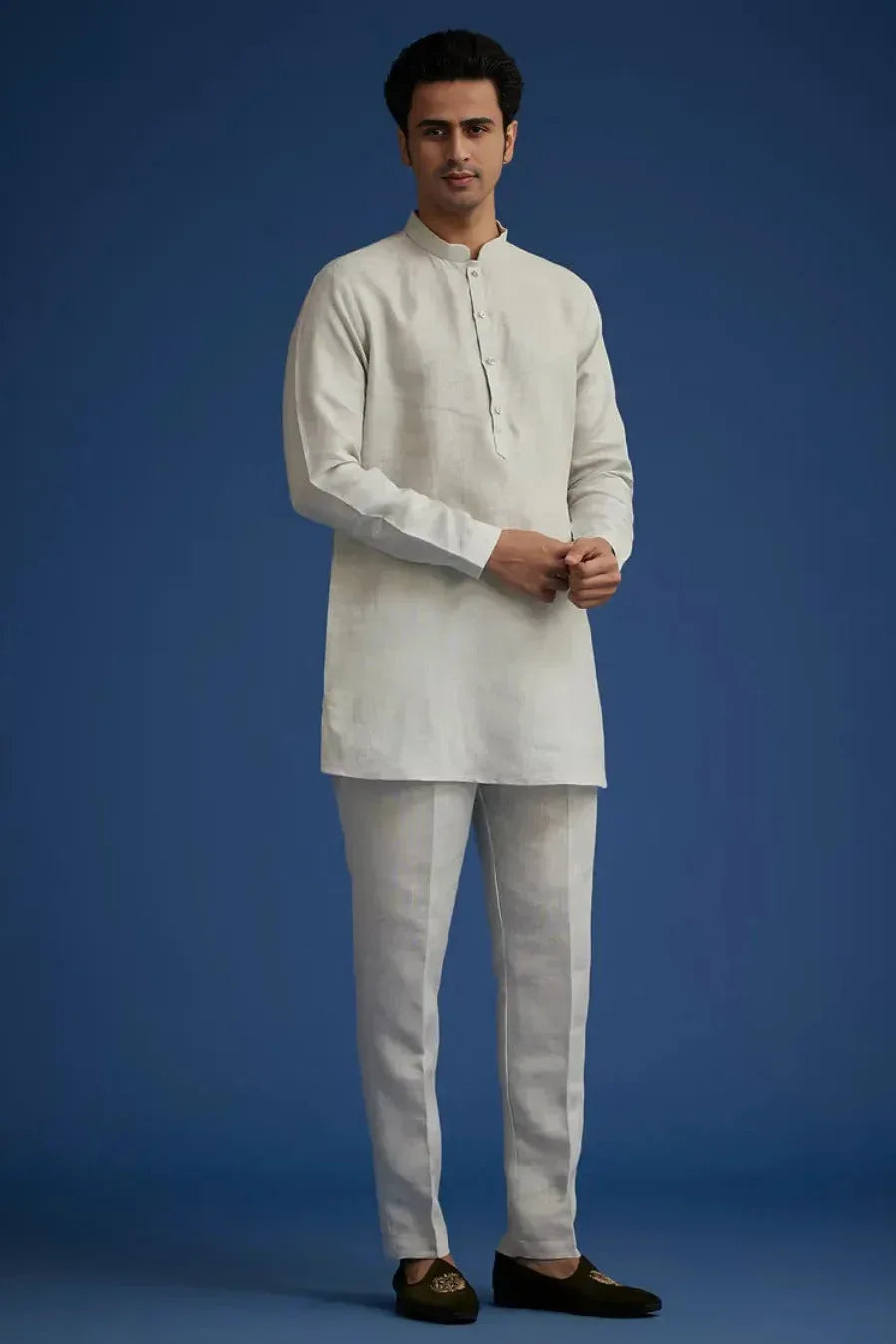 Grey Breeze Linen Suit with Resham Embroidered Jacket (Outside Ontario) - MyEthnikRentals