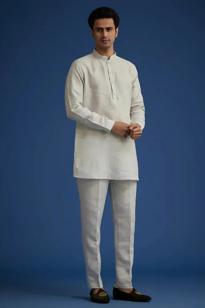 Grey Breeze Linen Suit with Resham Embroidered Jacket (Outside Ontario) - MyEthnikRentals
