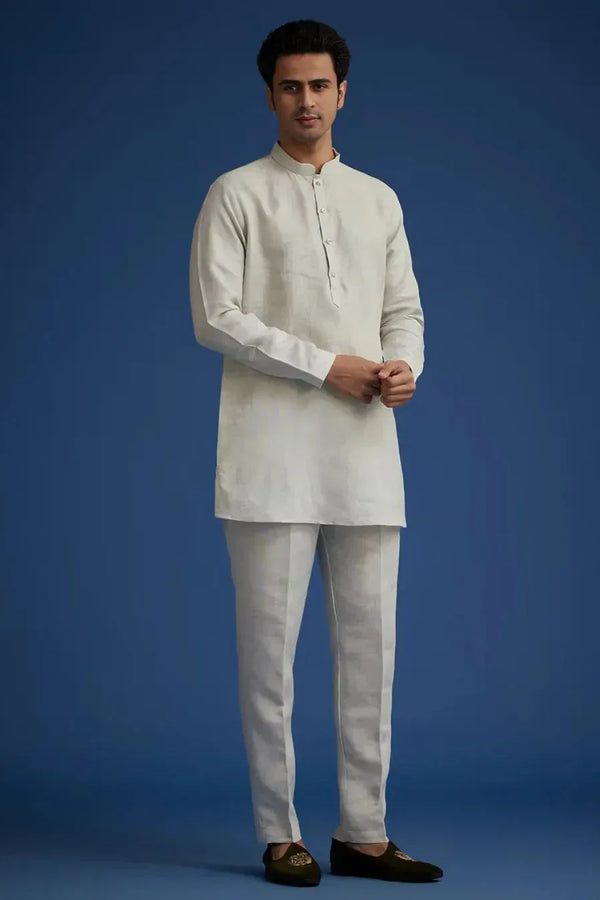 Grey Breeze Linen Suit with Resham Embroidered Jacket - MyEthnikRentals