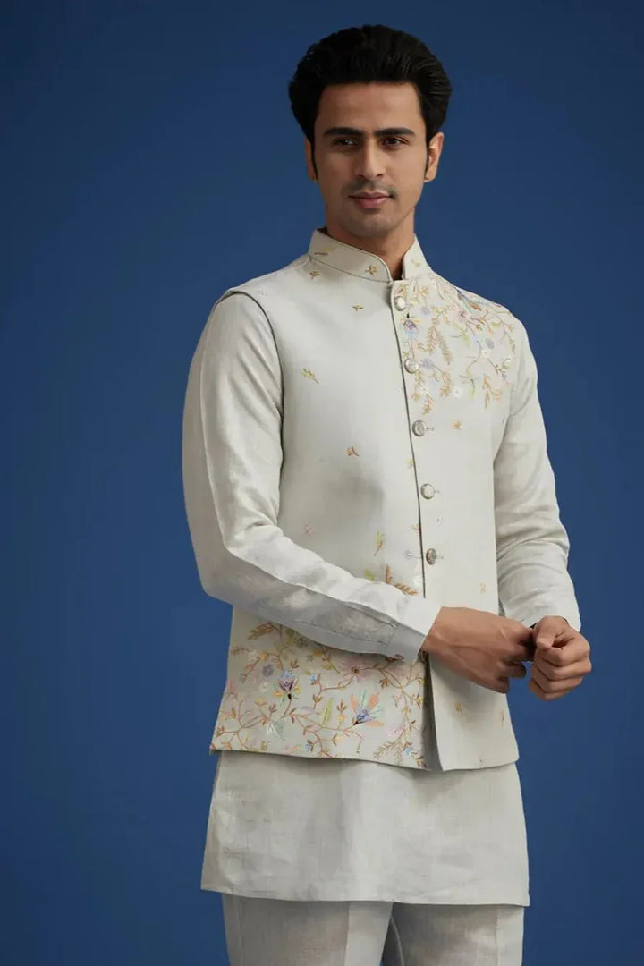 Grey Breeze Linen Suit with Resham Embroidered Jacket (Outside Ontario) - MyEthnikRentals
