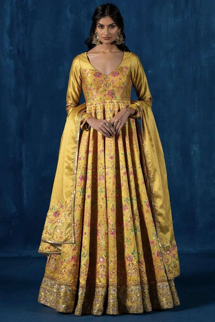 Sunlit Yellow Embroidered Crepe Silk Anarkali (Outside Ontario) - MyEthnikRentals