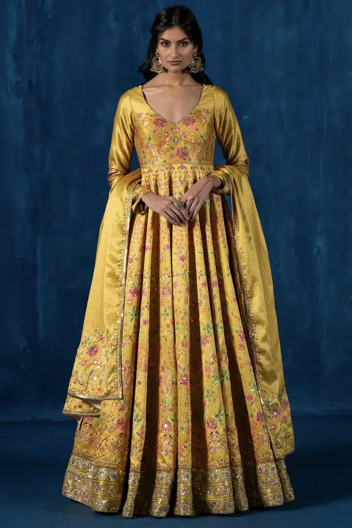 Sunlit Yellow Embroidered Crepe Silk Anarkali - MyEthnikRentals