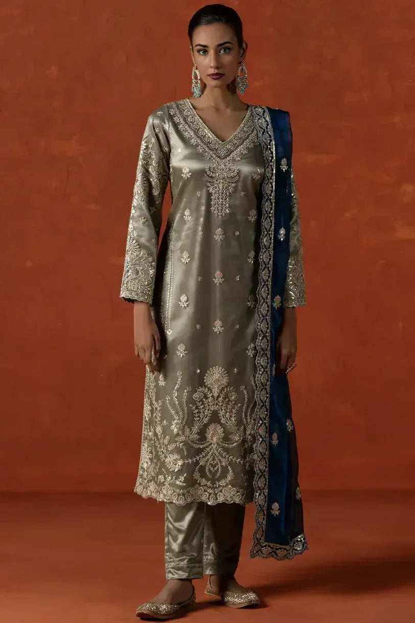 Sage Green Embroidered Satin Pant Suit (Outside Ontario) - MyEthnikRentals
