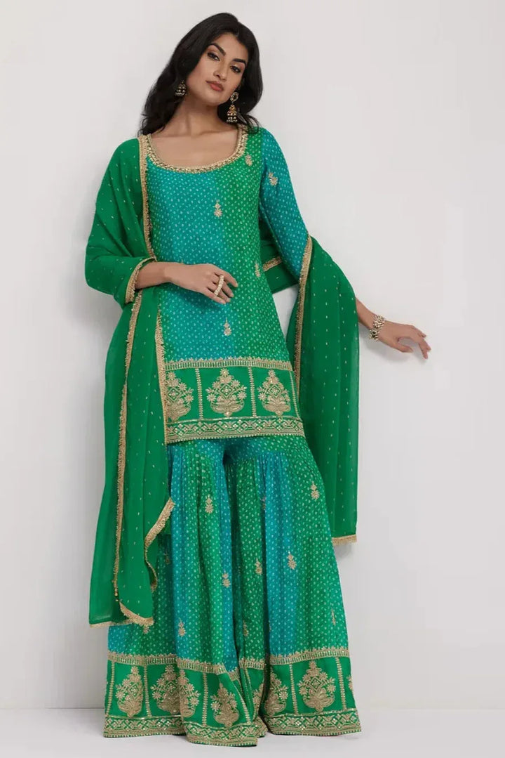 Olive Bandhani Chinon Salwar Kameez (Outside Ontario) - MyEthnikRentals