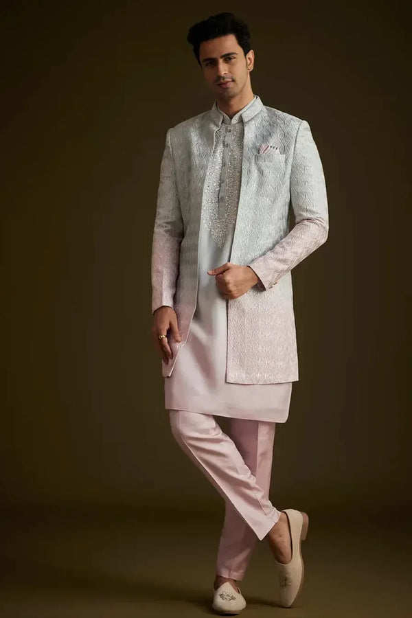 Pink and Grey Ombre Textured Sherwani Set - MyEthnikRentals