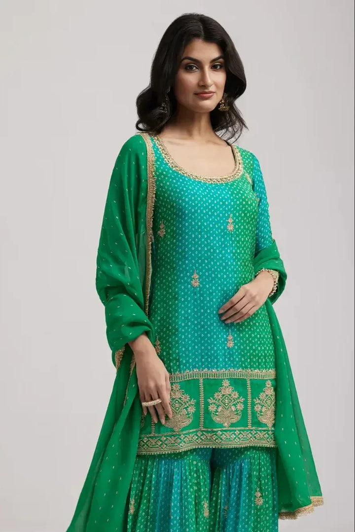 Olive Bandhani Chinon Salwar Kameez (Outside Ontario) - MyEthnikRentals
