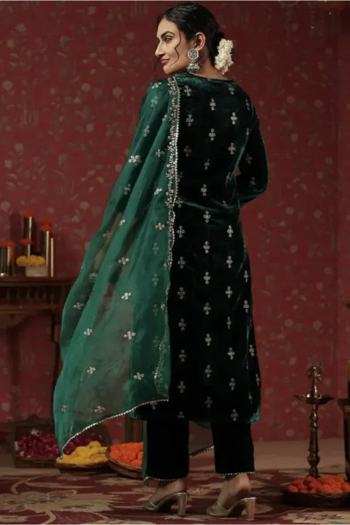 Emerald Velvet Motif Embroidered Salwar Kameez (Outside Ontario) - MyEthnikRentals