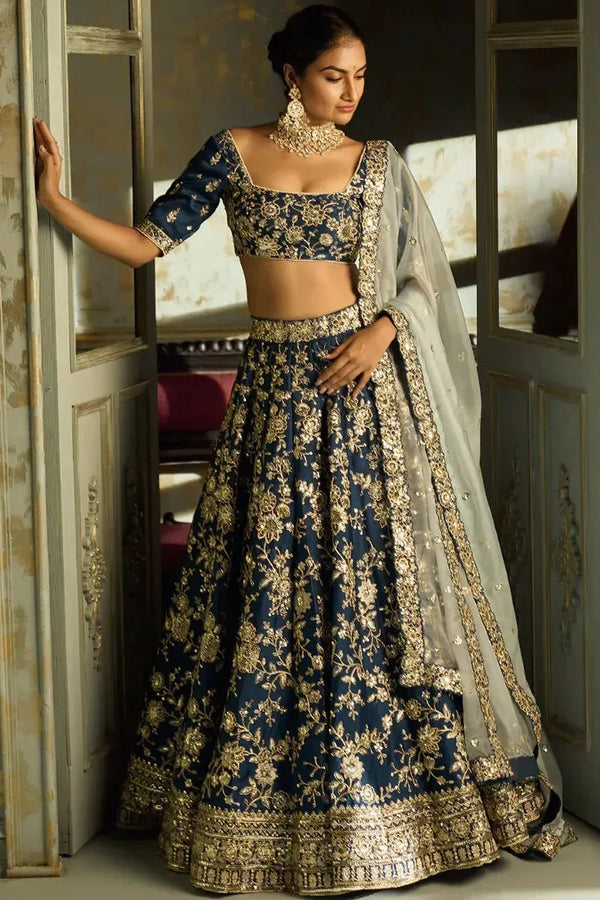 Dark Blue Embroidered Lehenga - MyEthnikRentals