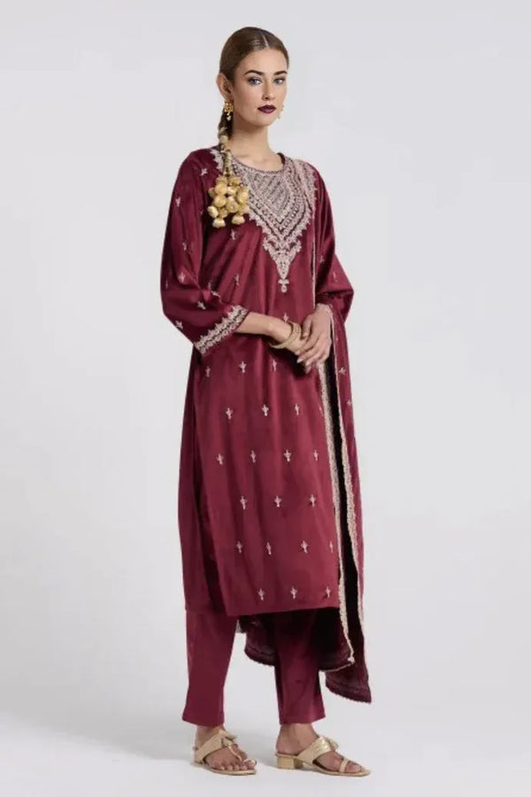 Mauve Threadwork Velvet Salwar Kameez - MyEthnikRentals