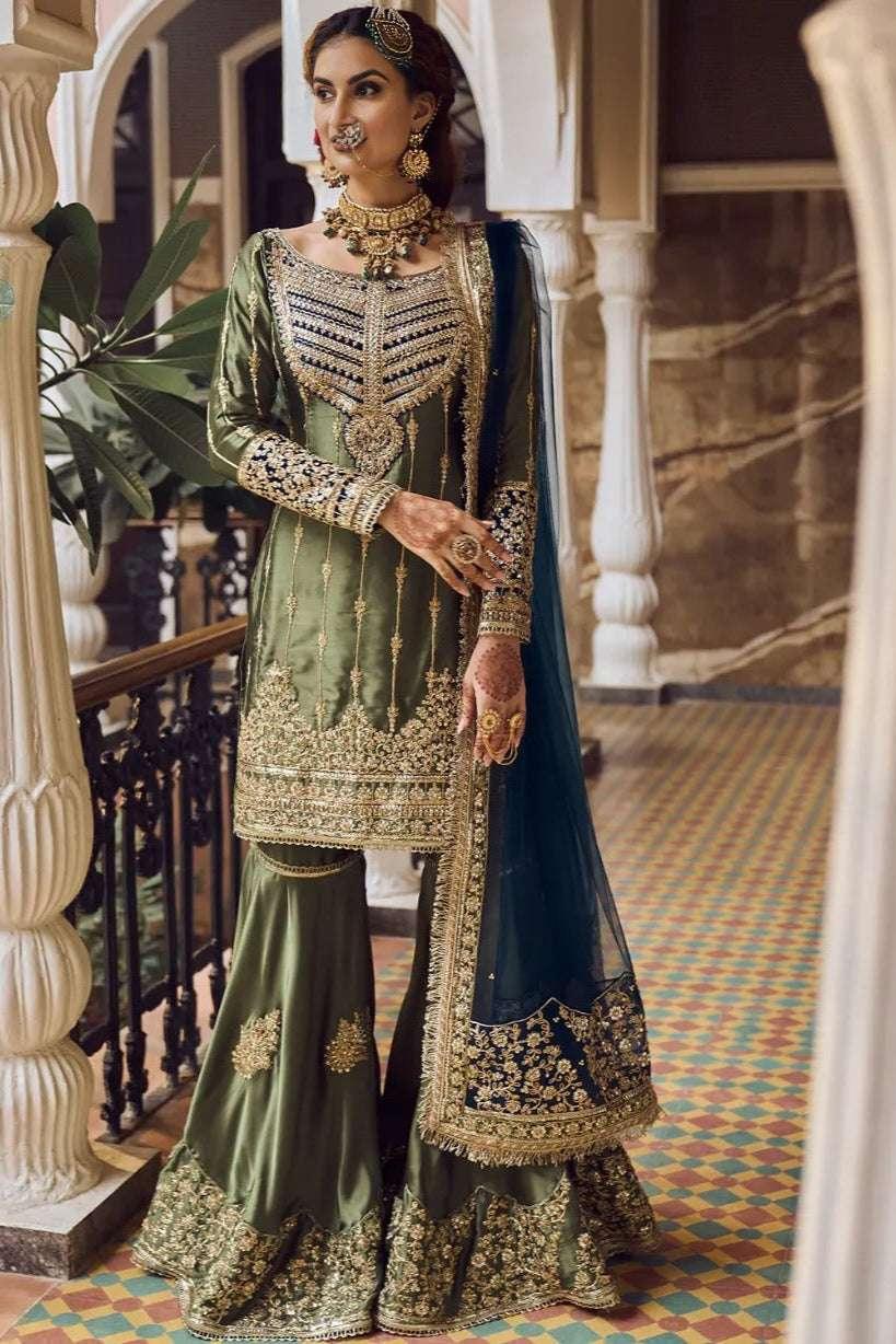 Olive Green Embroidered Gharara Suit (Outside Ontario) - MyEthnikRentals