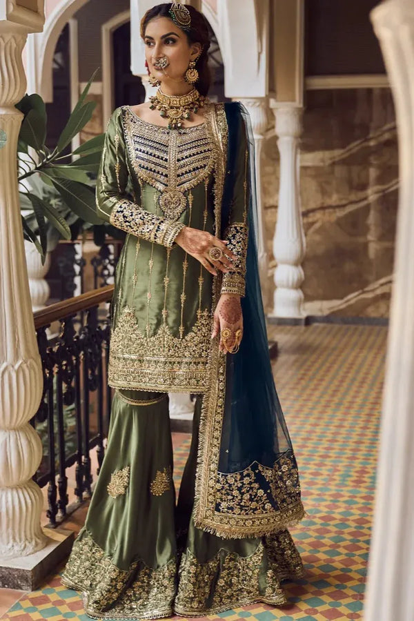 Olive Green Embroidered Gharara Suit - MyEthnikRentals