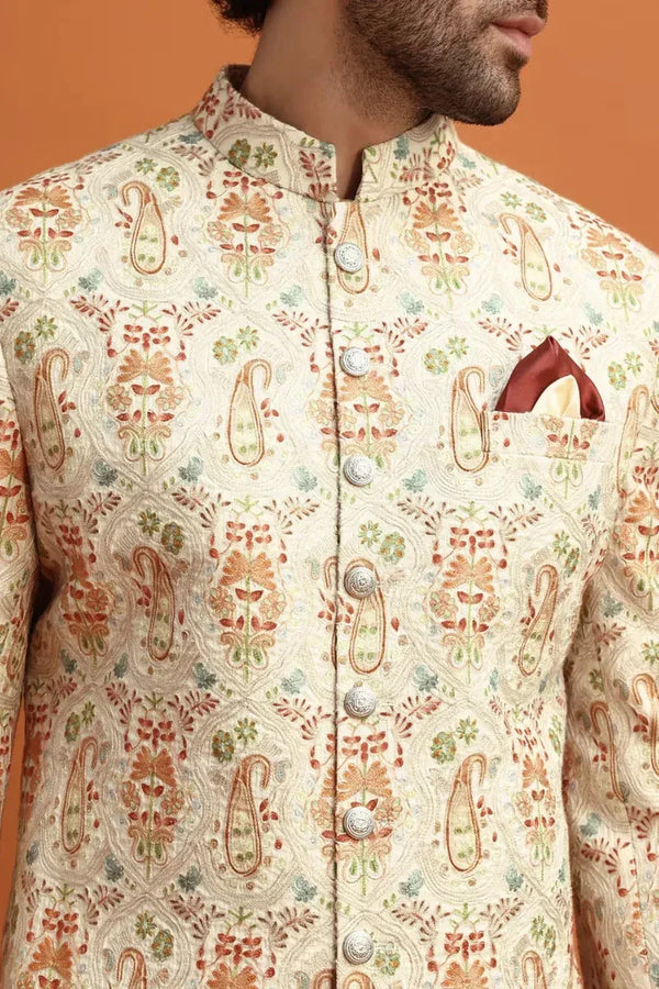 Beige Paisley Print Sherwani with Resham Embroidery - MyEthnikRentals