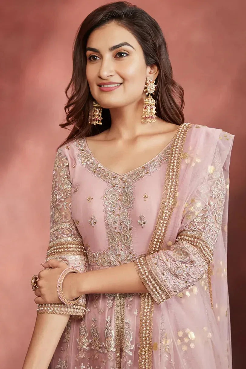 Rose Pink Embroidered Pant Style Anarkali - MyEthnikRentals