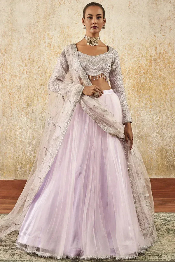 Lavender Embroidered Net Lehenga - MyEthnikRentals