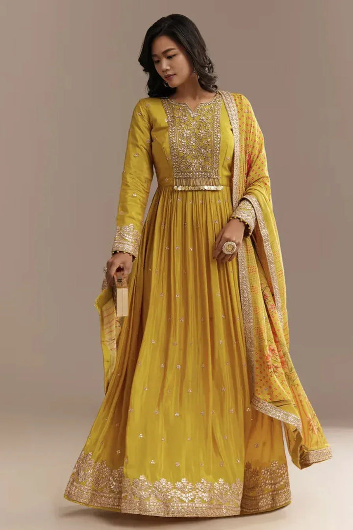 Mustard Zardosi Chiffon Salwar Kameez (Outside Ontario) - MyEthnikRentals