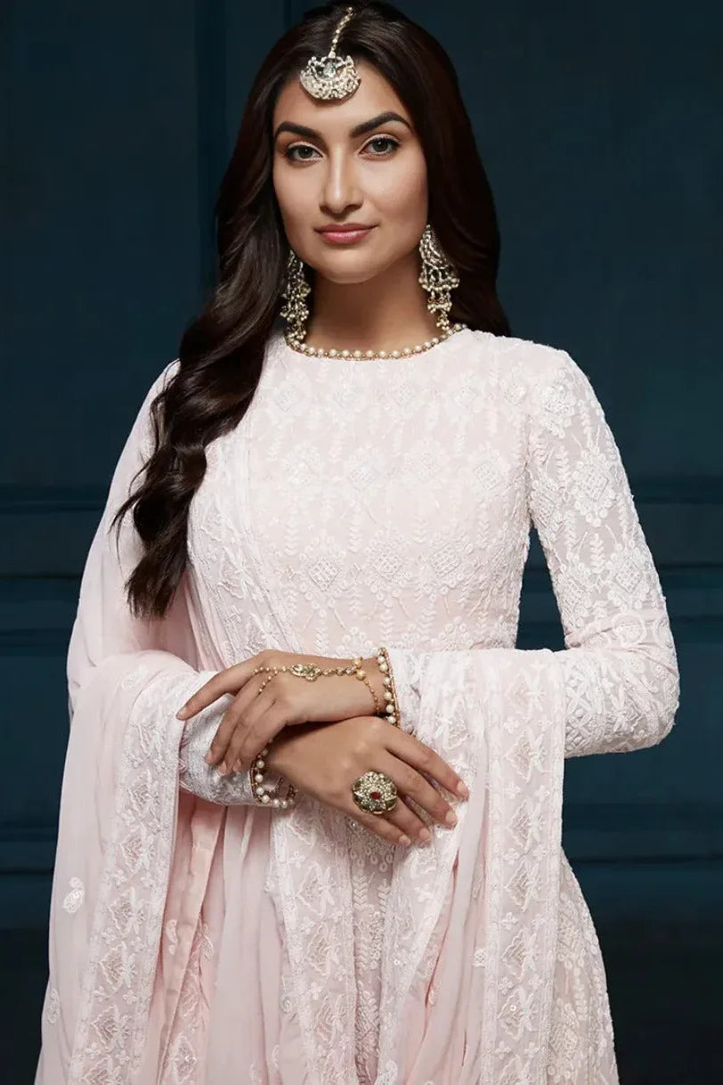 Light Pink Thread Embroidered Anarkali - MyEthnikRentals