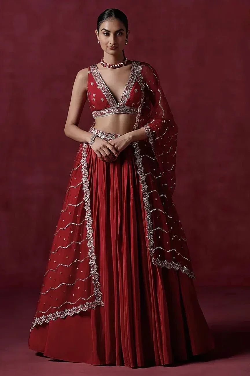 Red Crepe Silk Lehenga (Outside Ontario) - MyEthnikRentals