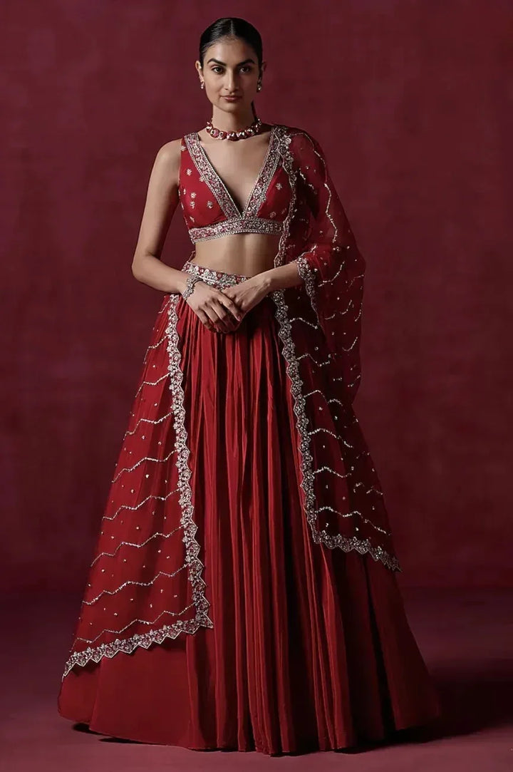 Red Crepe Silk Lehenga (Outside Ontario) - MyEthnikRentals