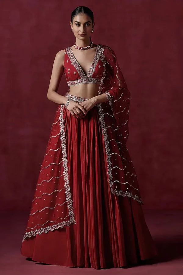 Red Crepe Silk Lehenga - MyEthnikRentals