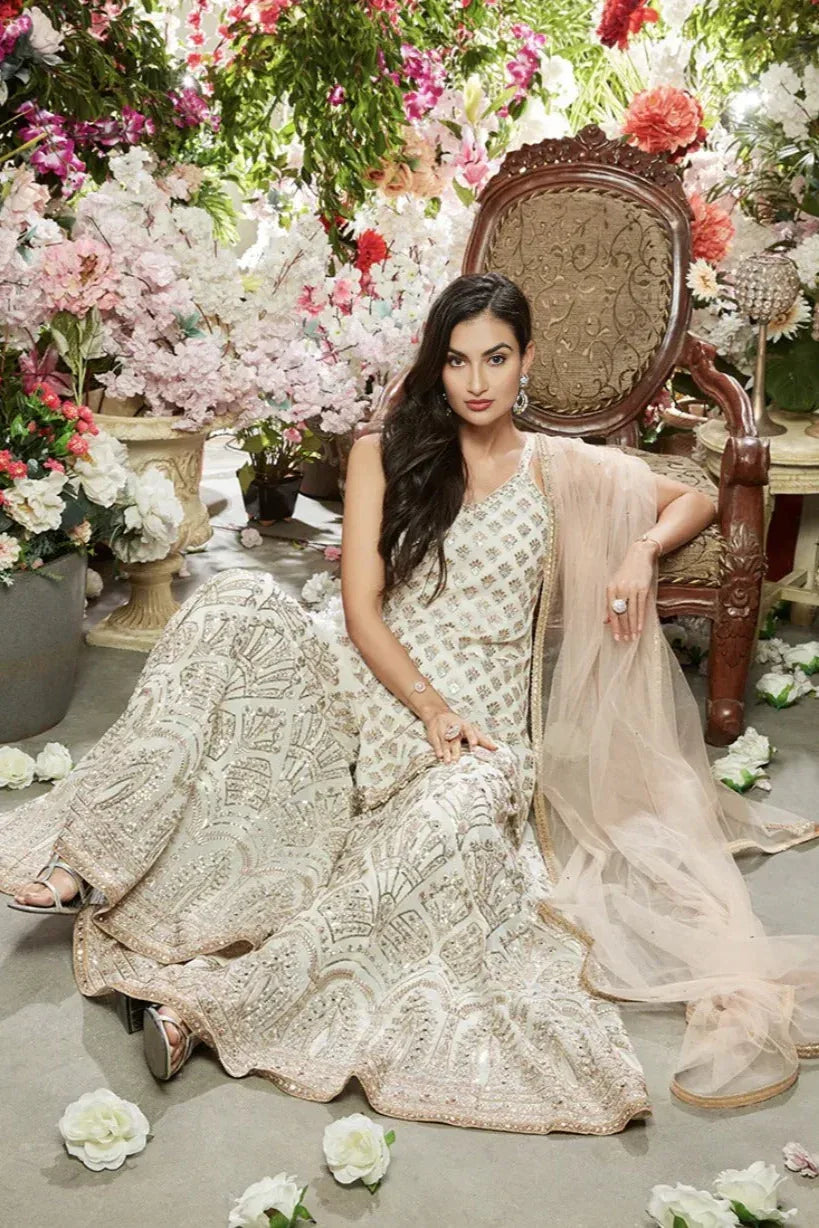 Ivory and Gold Embroidered Sharara Set - MyEthnikRentals