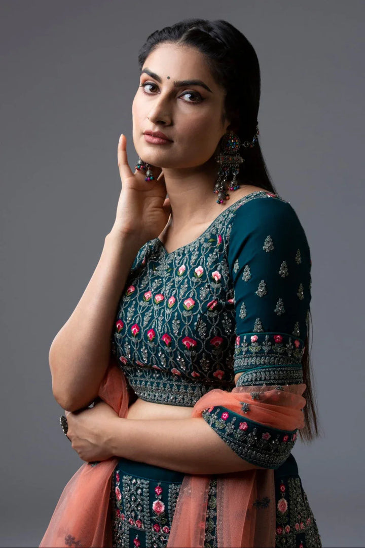 Ambrosial Teal Satin Lehenga - MyEthnikRentals