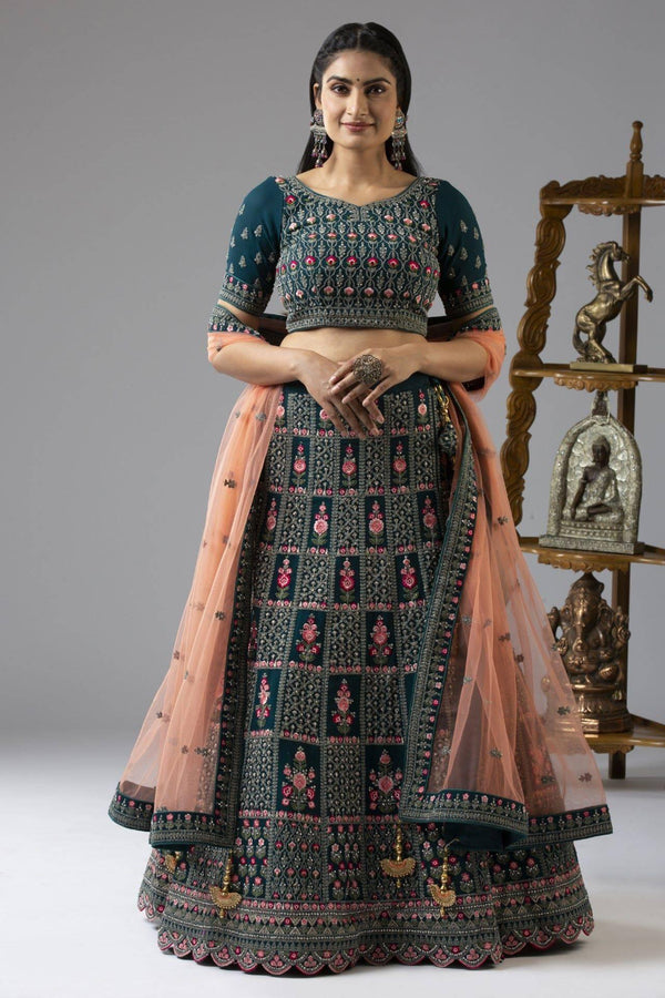 Ambrosial Teal Satin Lehenga - MyEthnikRentals