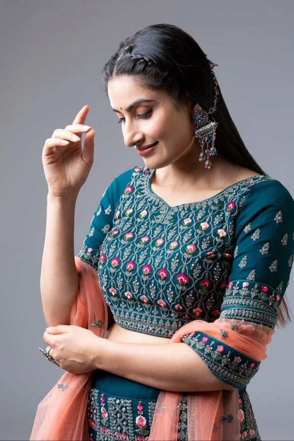 Ambrosial Teal Satin Lehenga - MyEthnikRentals