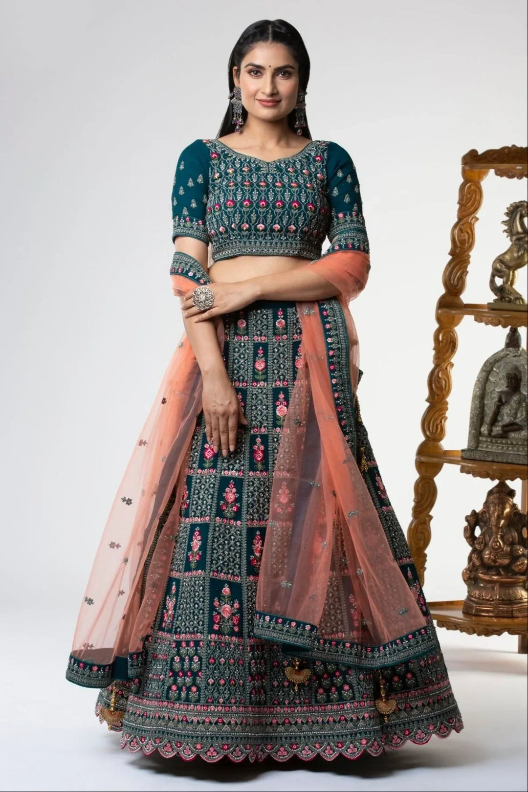 Ambrosial Teal Satin Lehenga - MyEthnikRentals