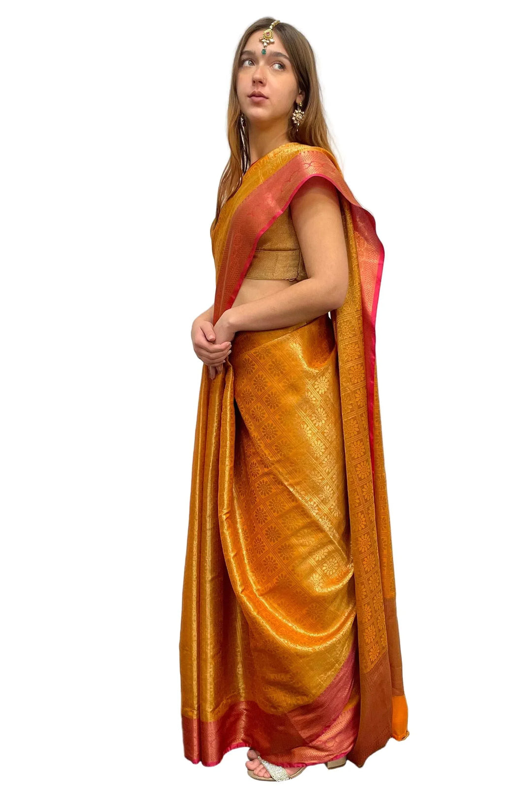 Pink Orange Banarasi Saree - MyEthnikRentals