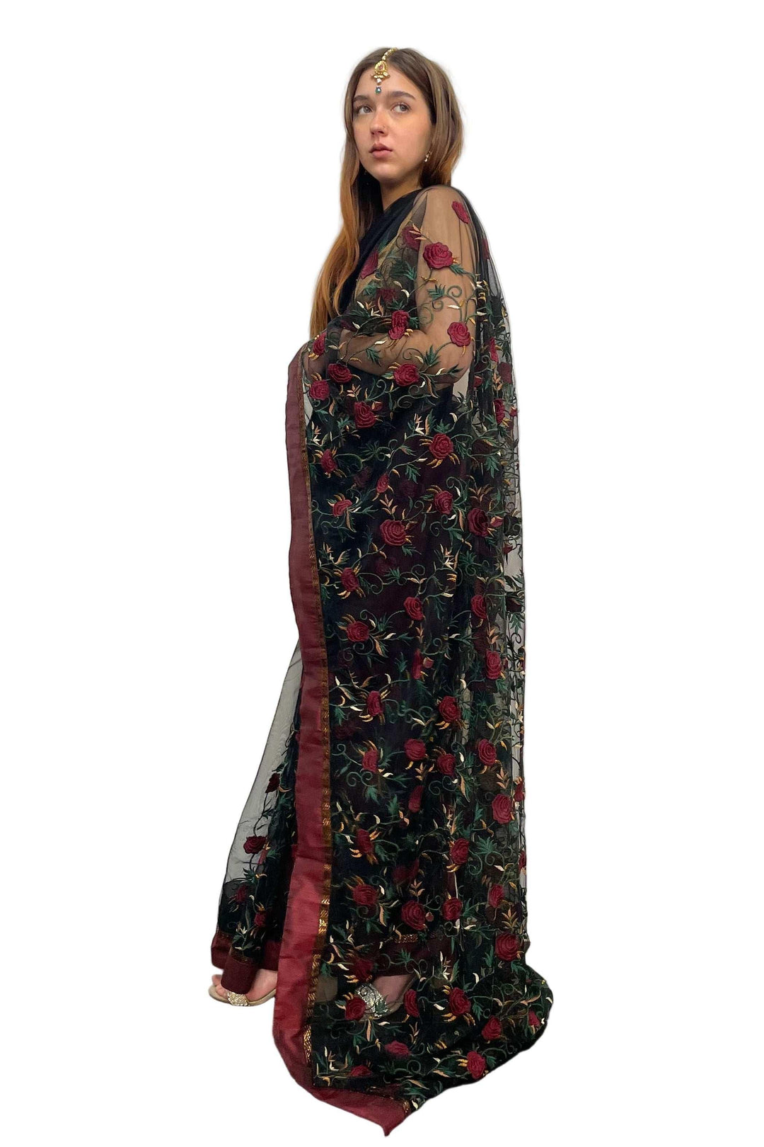 Black Rose Embroidery Saree - MyEthnikRentals
