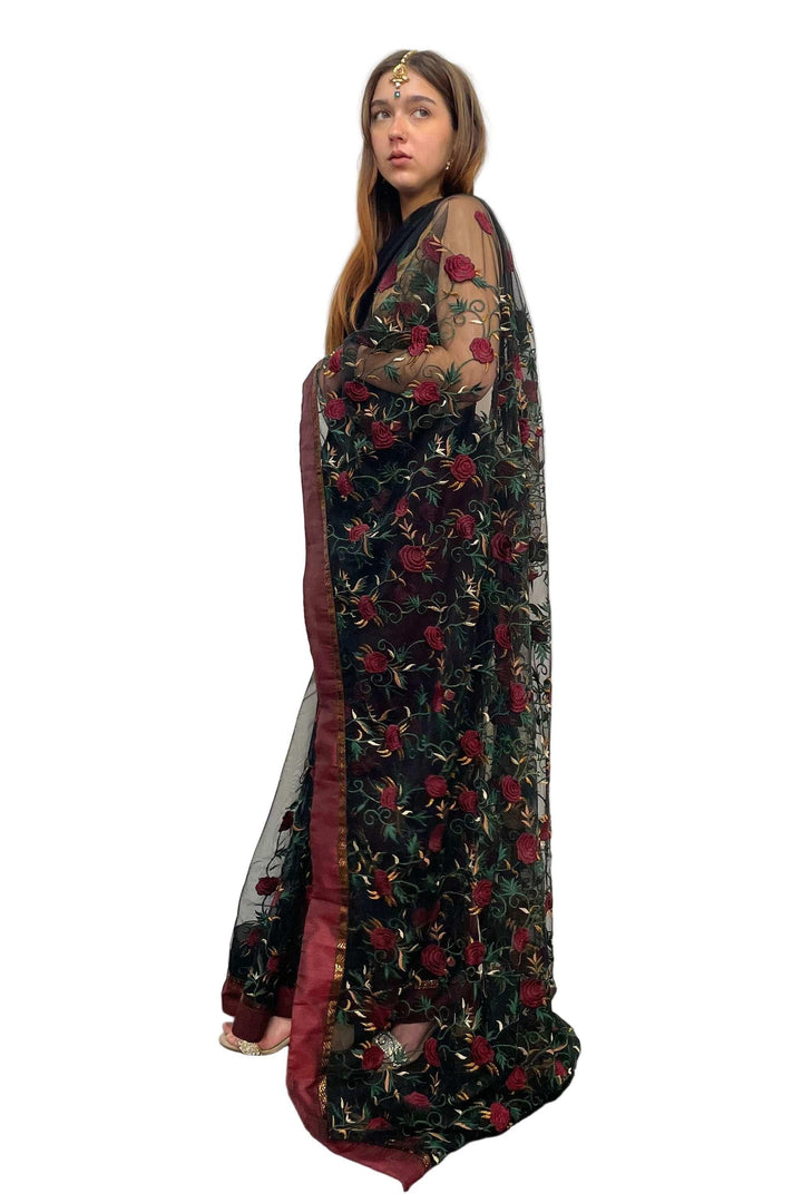 Black Rose Embroidery Saree - MyEthnikRentals