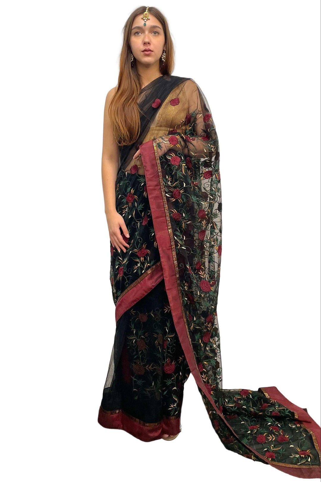 Black Rose Embroidery Saree - MyEthnikRentals