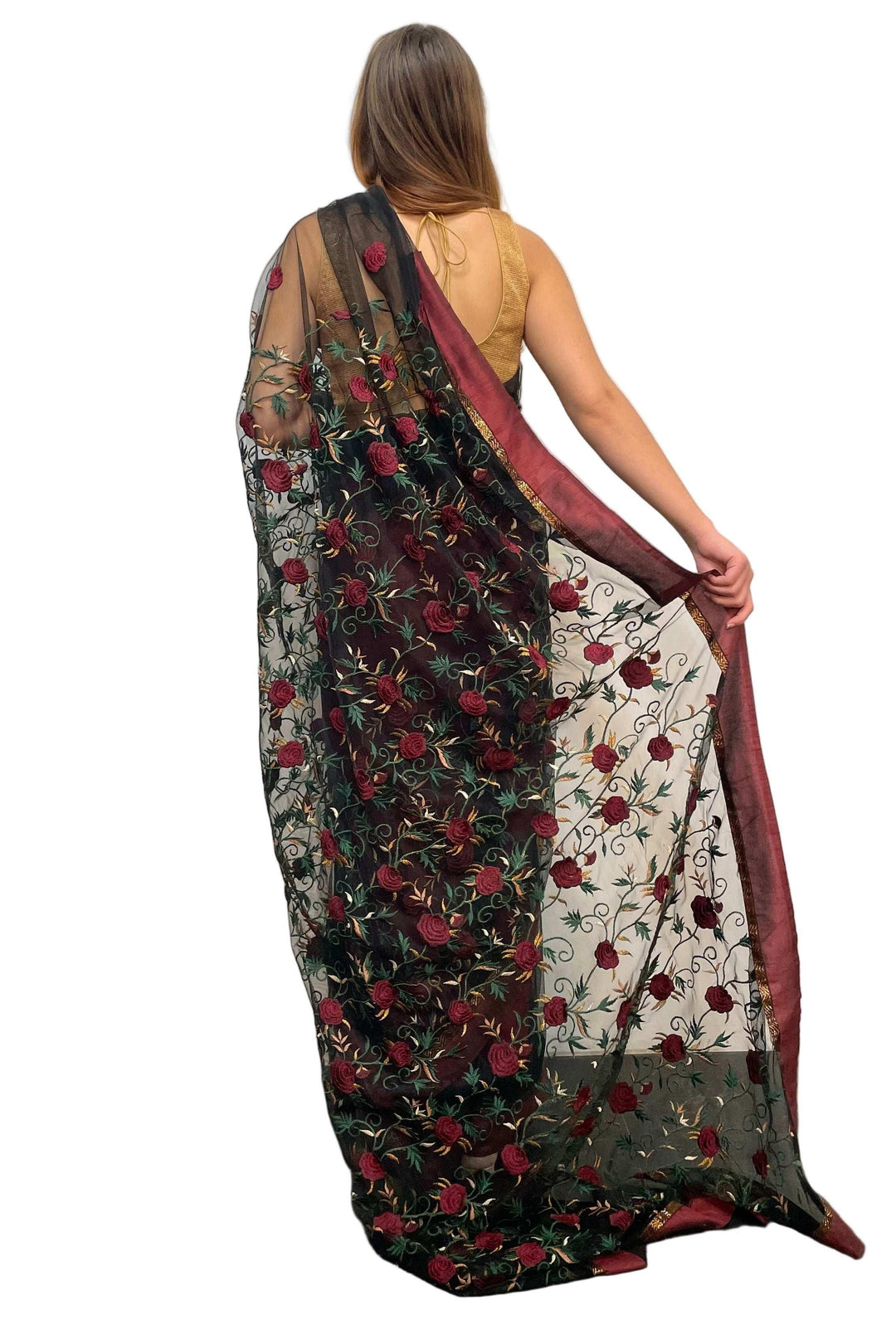Black Rose Embroidery Saree - MyEthnikRentals