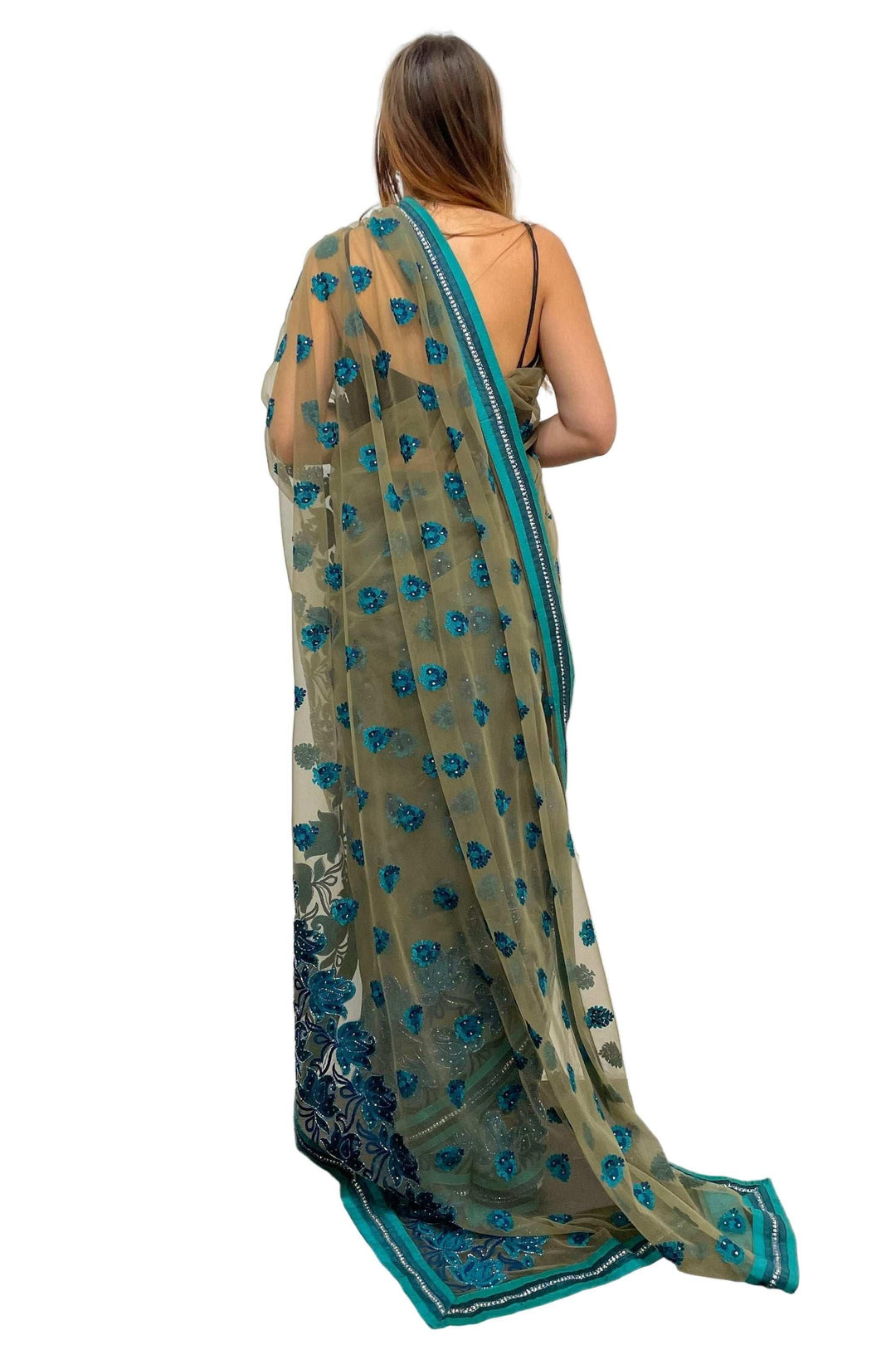 Blue Rose Embroidery Saree - MyEthnikRentals