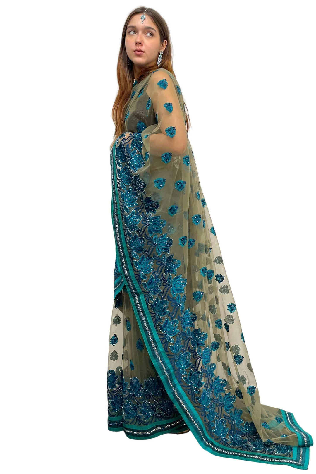Blue Rose Embroidery Saree - MyEthnikRentals